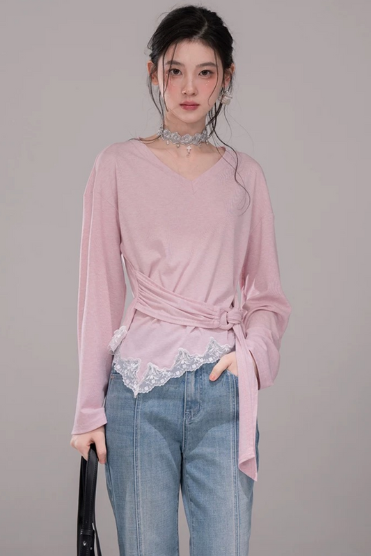 Peach Pink Lace Tie Blouse