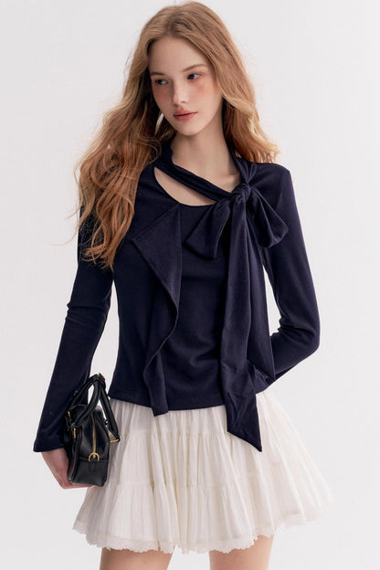 Romantic French Streamer Bow V-Neck Slim T-Shirt