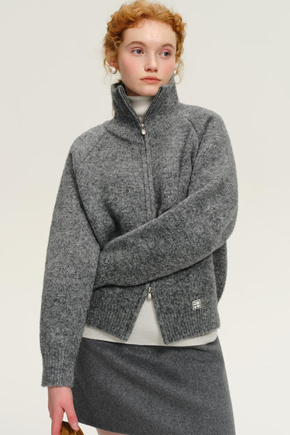 Gray Double Zipper Stand Collar Cardigan