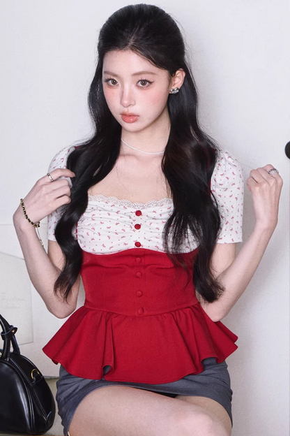 Sweet Style Waist-Cinching Floral Blouse