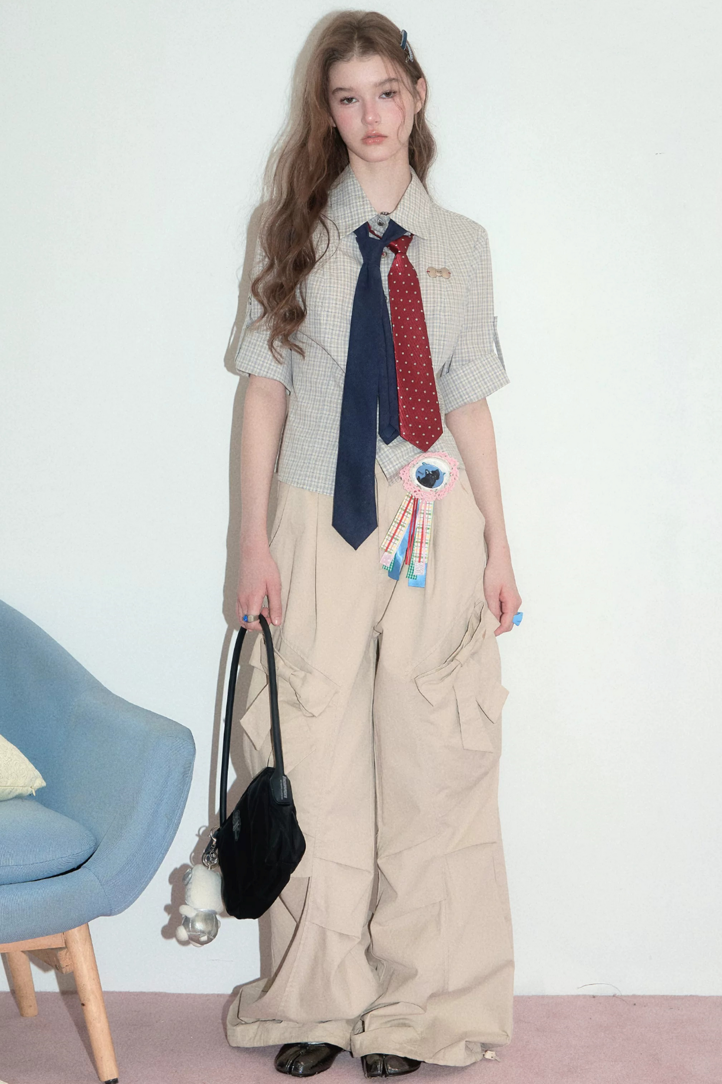 Camicia a maniche corte a quadri grigio chiaro