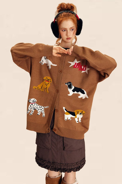 Cute Dog Embroidery Knitted Cardigan