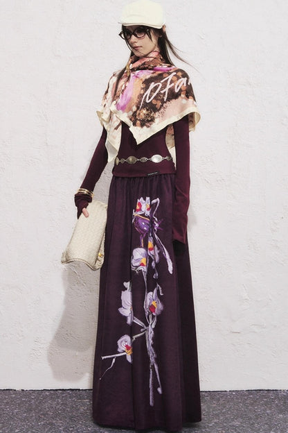 Purple Flower Print Long Skirt