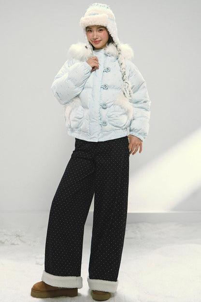 Dark Blue Polka Dot Patchwork Wide-Leg Jeans