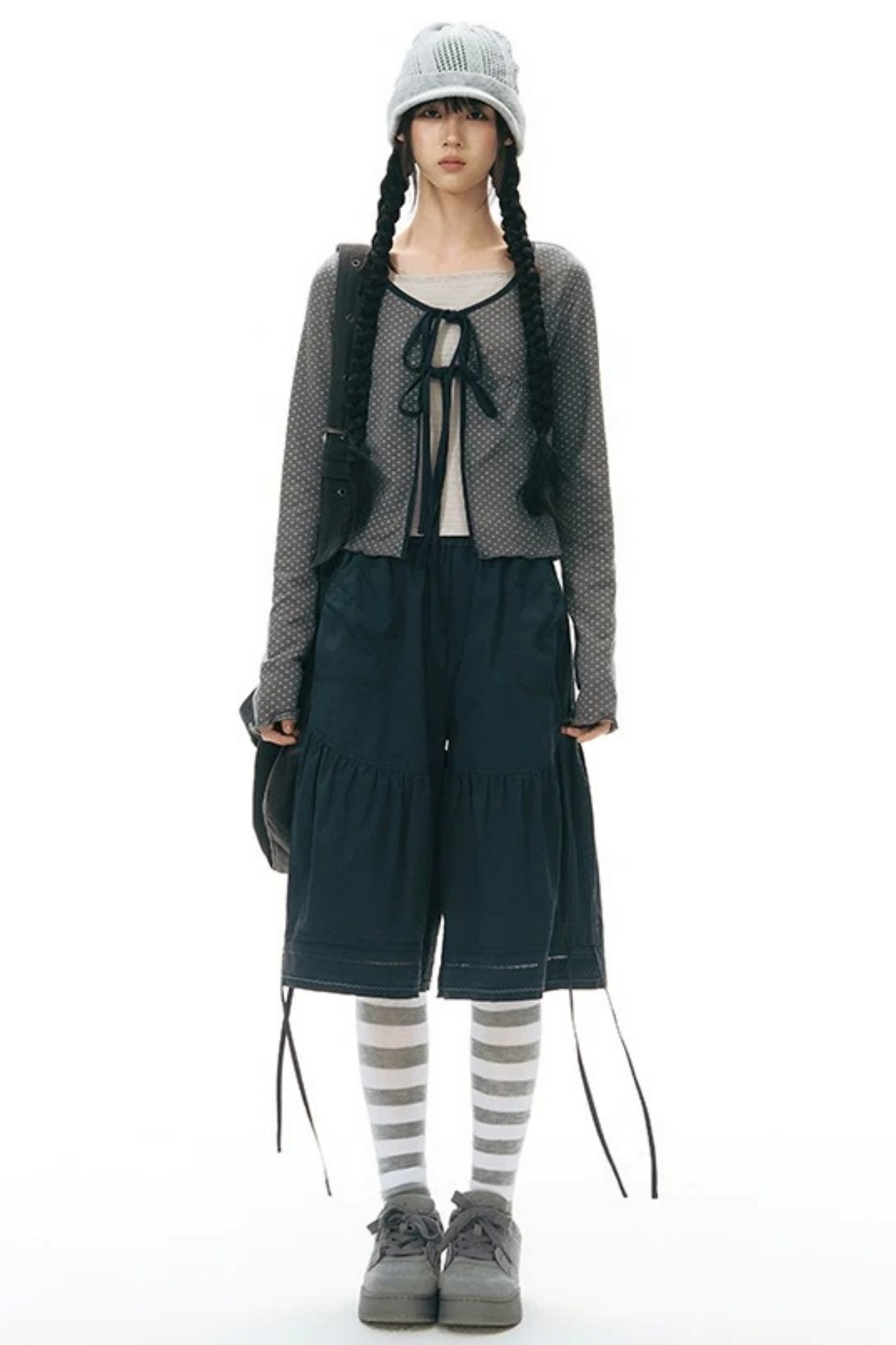 Lace-Up Ruffle Knit Cardigan