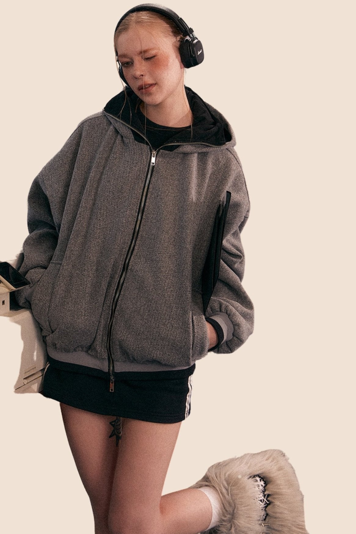 Heavy Gray Hooded Cardigan Jacket