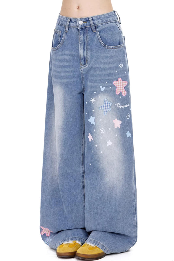 Retro Star Embroidered Denim Pants