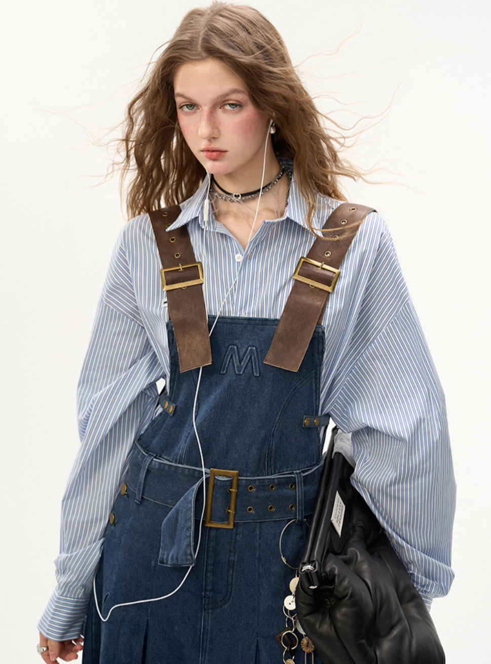 Vintage Denim Pleated Long Bib Dress