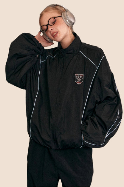 EZEK Split Line American Vintage Stand Kragen Casual Track Jacket Stoff Schwarz Jacke Lose Baseball Jersey Top