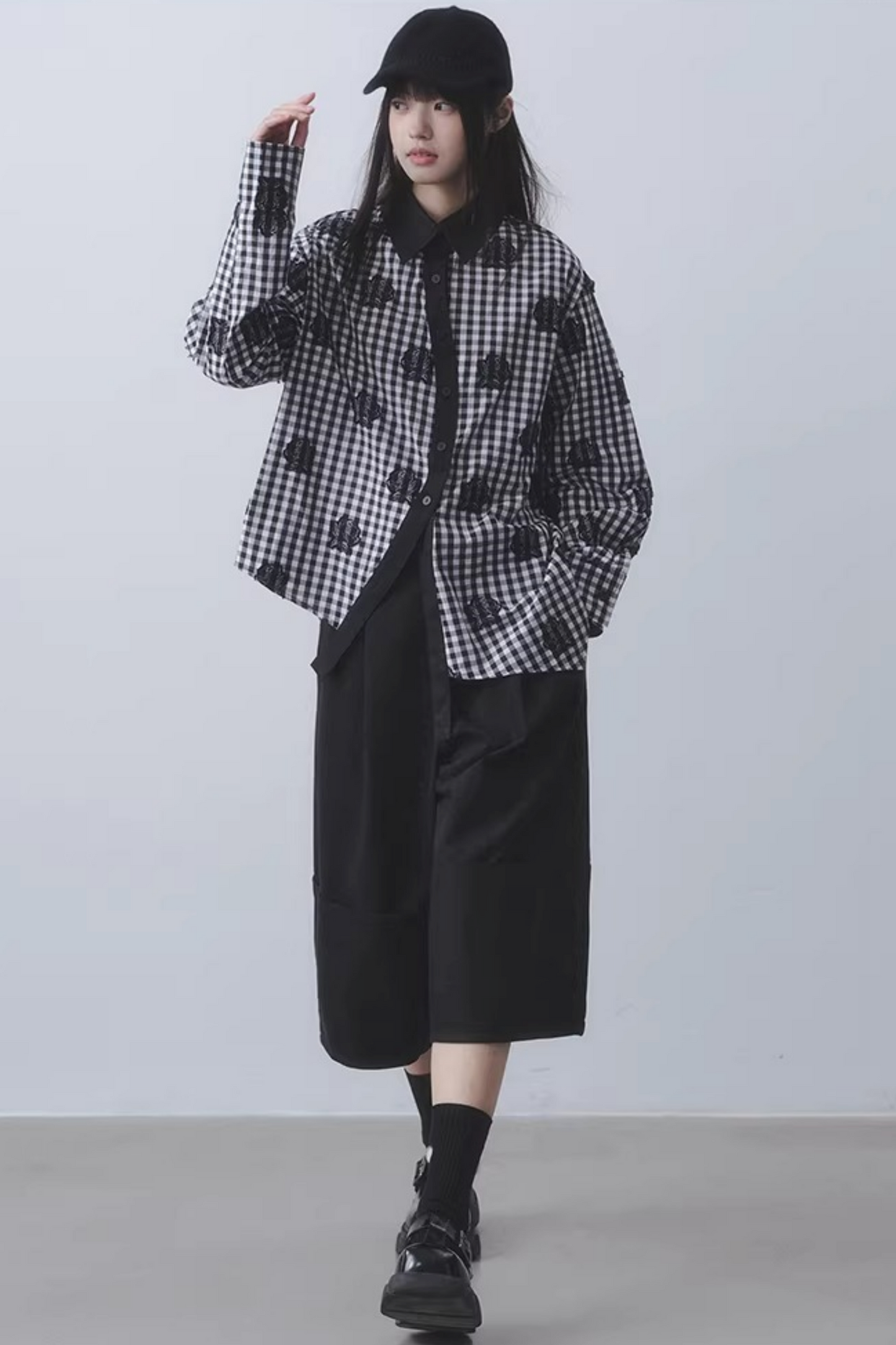 Checkered Rose Embroidery Shirt