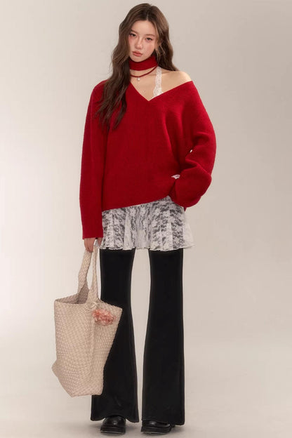 Asgony Red Retro Knit Sweater