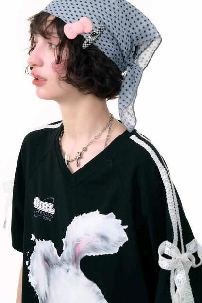 Summer Vintage Lace Bow Short Sleeve T-Shirt