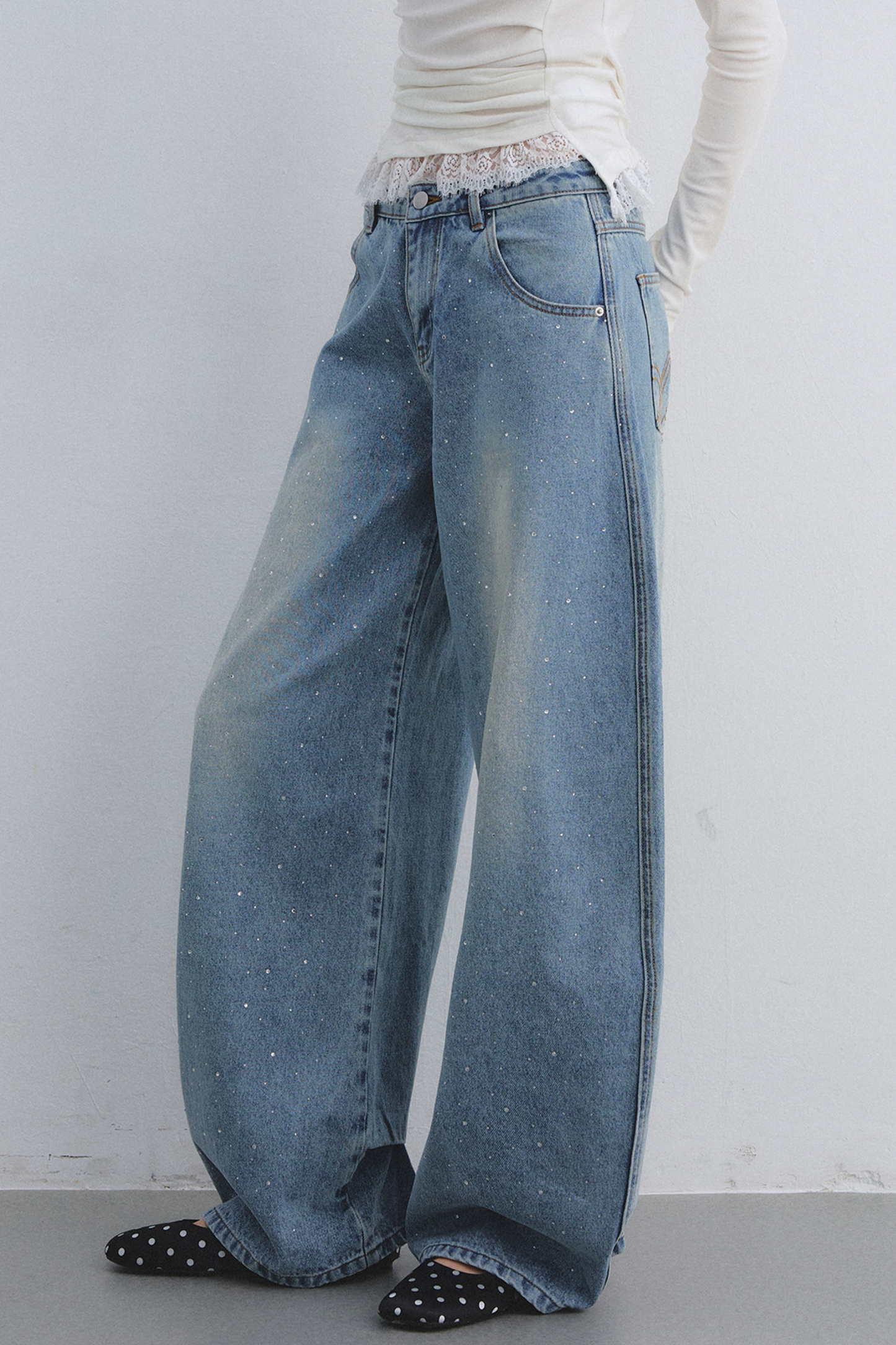 Rhinestone Washed Denim Pants