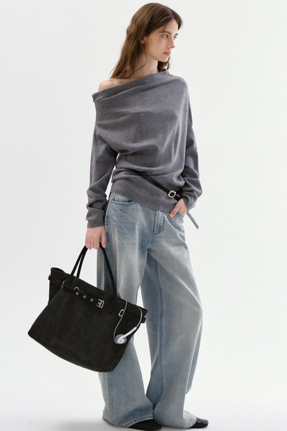 Pleated Off-Shoulder Knit Sweater