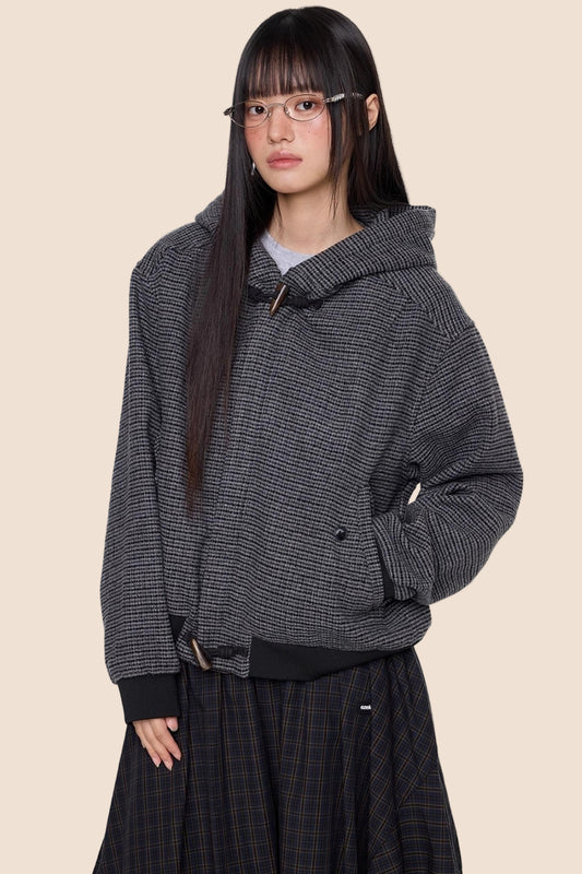 Autumn Vintage Plaid Knit Hooded Jacket