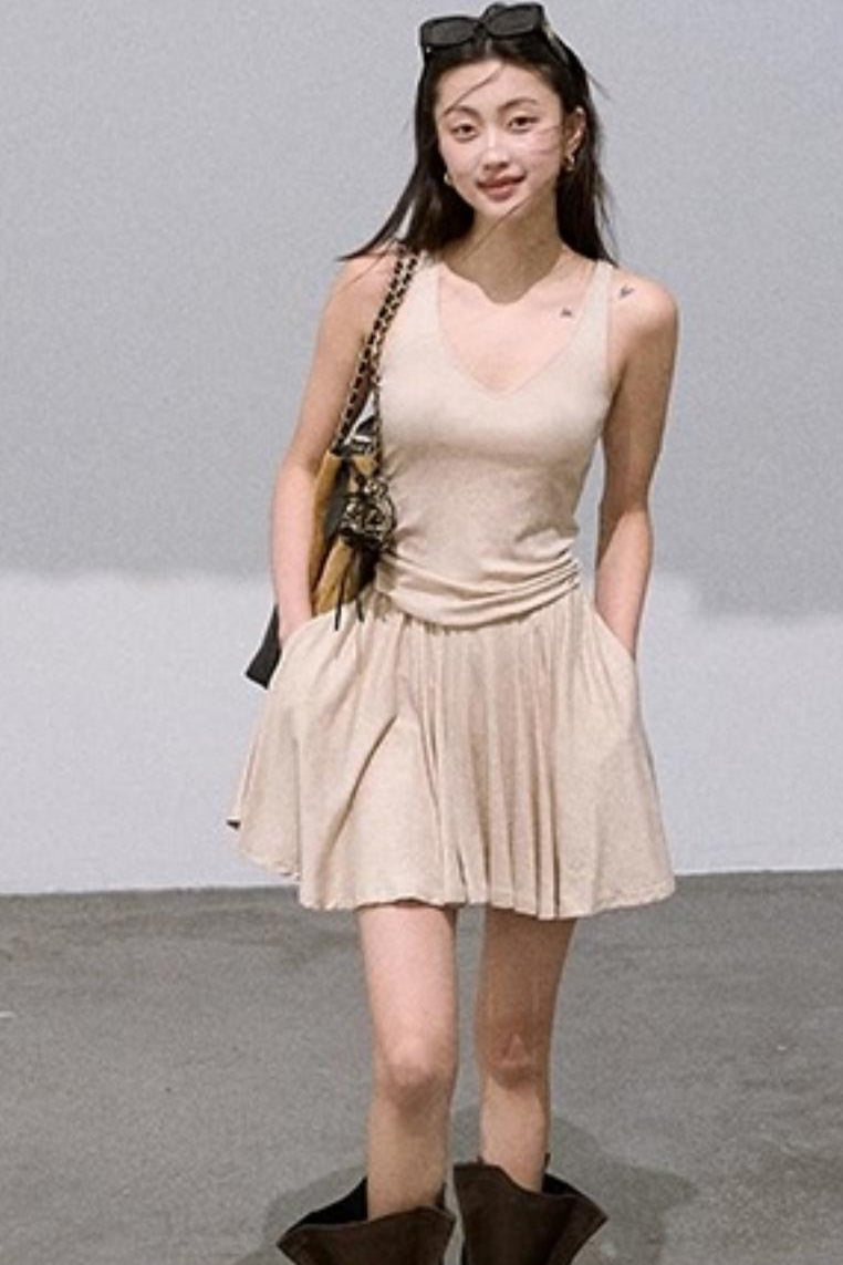 Tencel Knit Cardigan V-Neck Dress Set-Up