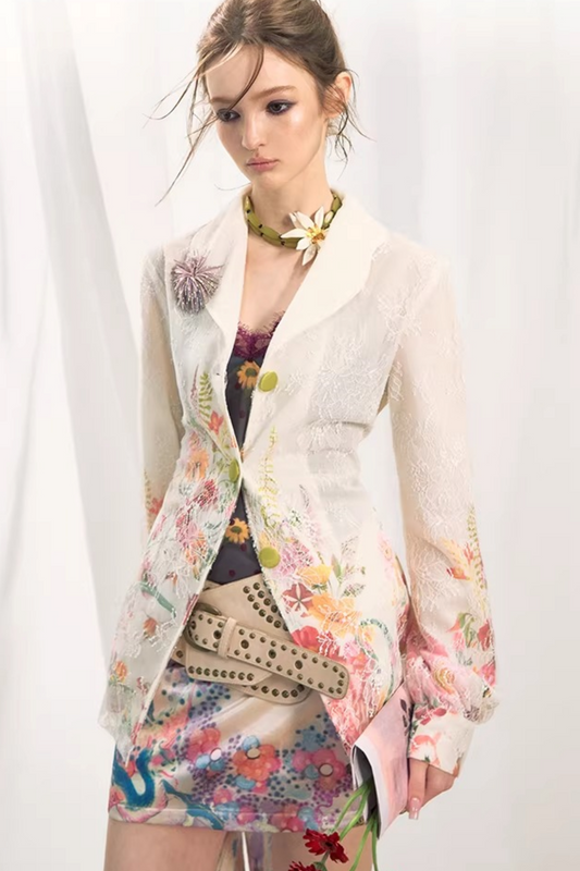 Color-Blocked Lace Blazer