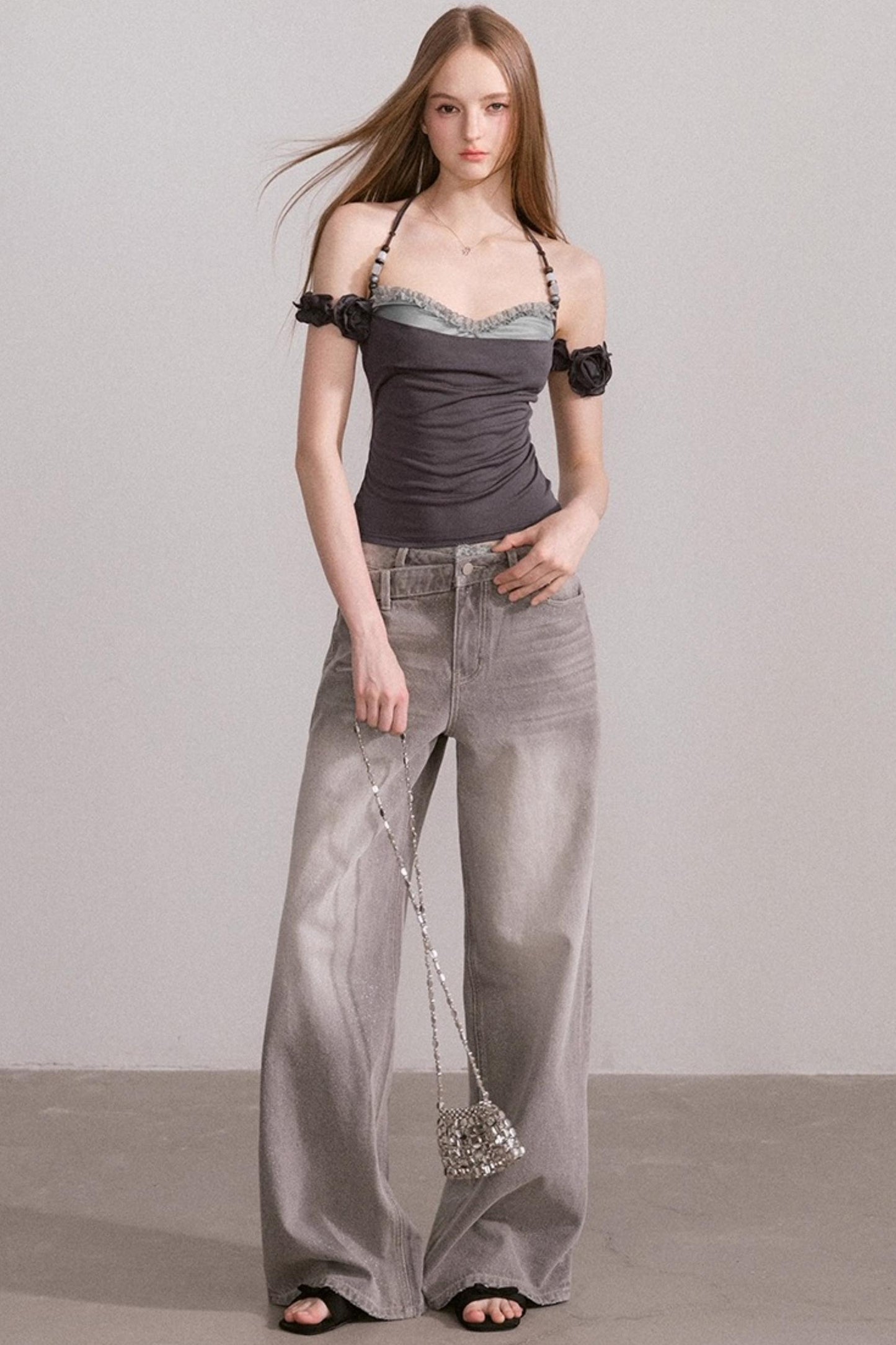 Vintage Lace-Waist Wide-Leg Jeans