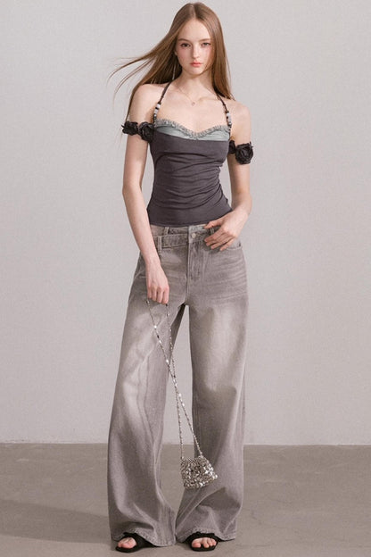 Vintage Lace-Waist Wide-Leg Jeans