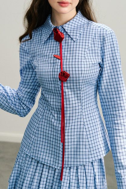 Long live the Milky Way [8.20 20:00] "She came from the sea" handmade red rose navy blue plaid shirt pleated skirt