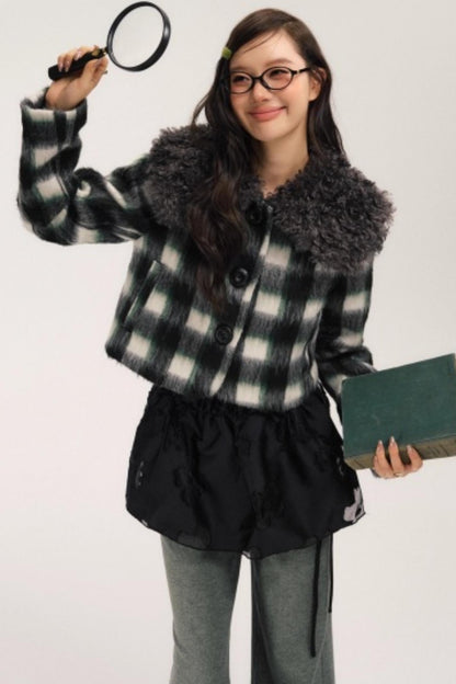 Plaid Wool Fur Collar Jacket