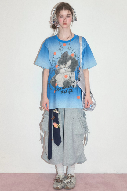 Blue Gradient Cat Print T-Shirt