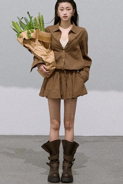 Shirt Style Long-Sleeved Puffy Dress