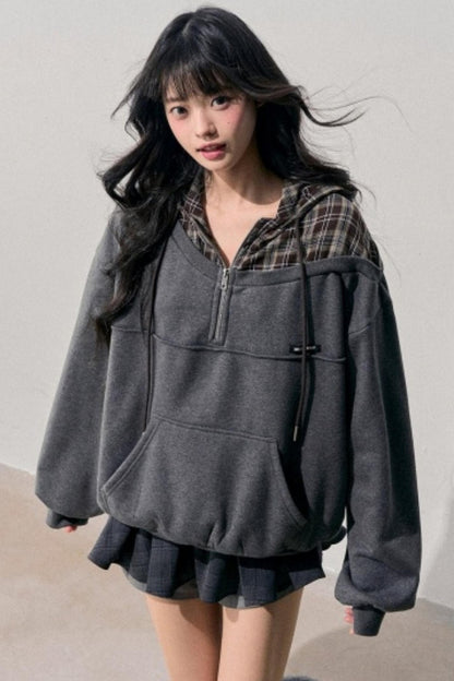 Fake Two Piece Plaid Hooded Jacket