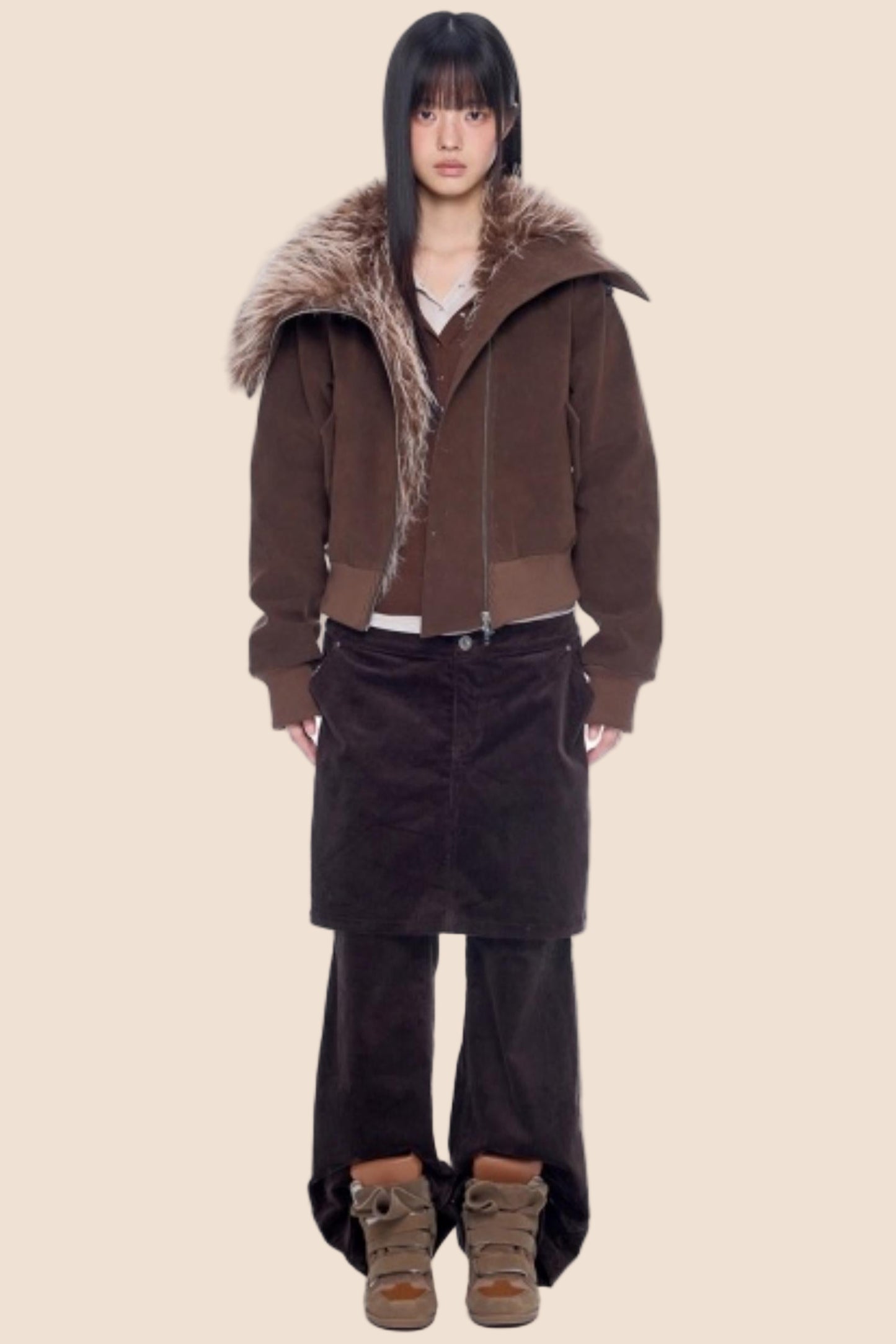 Faux Suede Fur Collar Coat