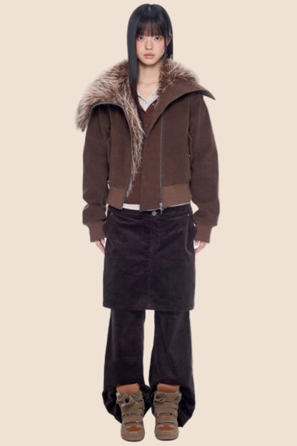 Faux Suede Fur Collar Coat