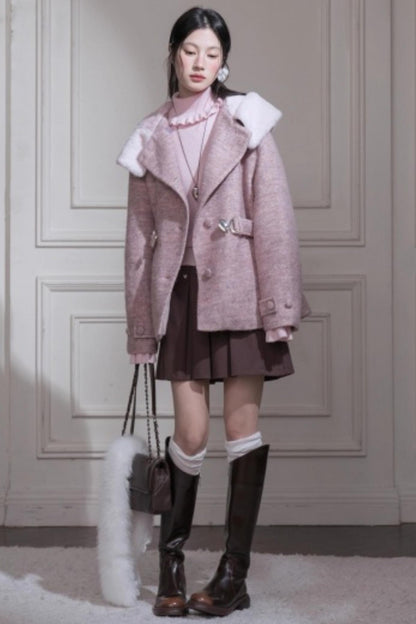 Cream Pink Hooded Wool Coat Set