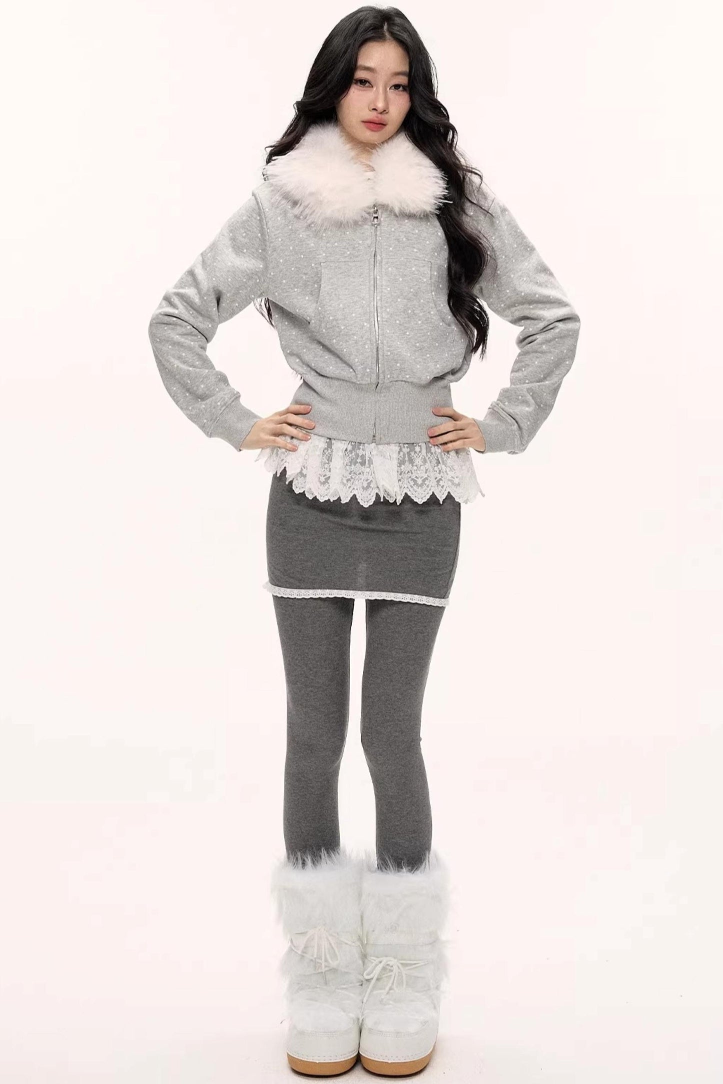 White Fur Collar Polka Dot Jacket