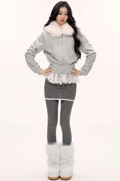 White Fur Collar Polka Dot Jacket