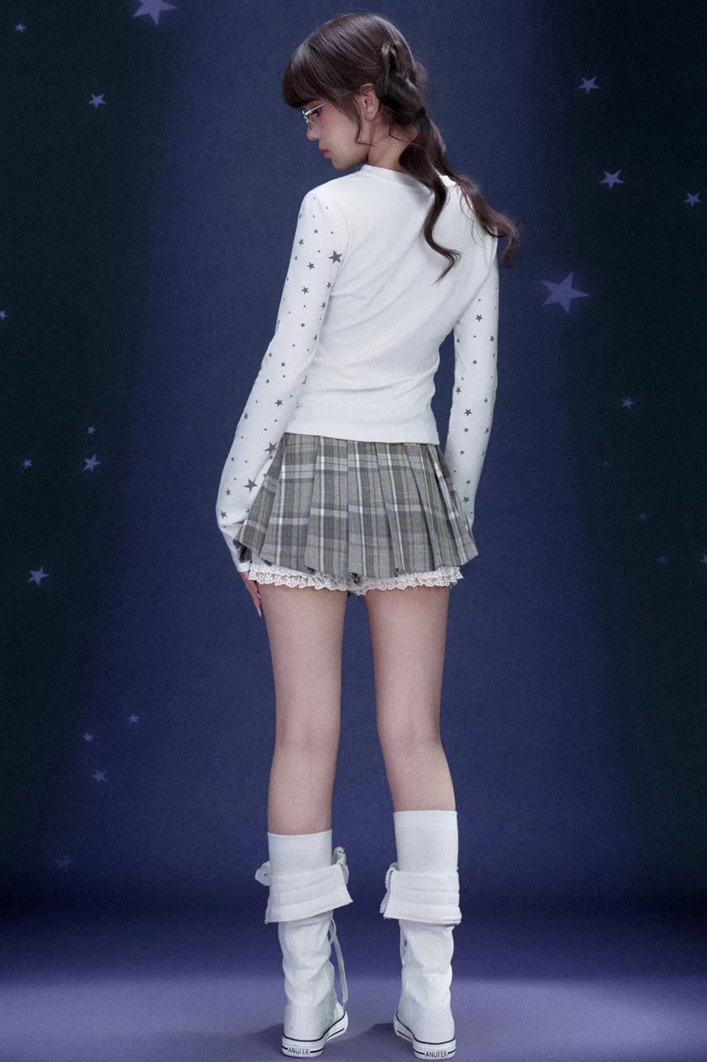 Gray-Green Plaid Pleated Skirt