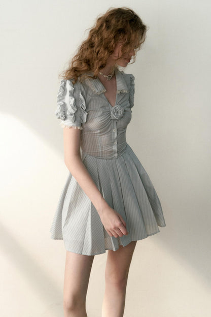 Blue Striped Bubble Sleeve Floral Pleated Dress