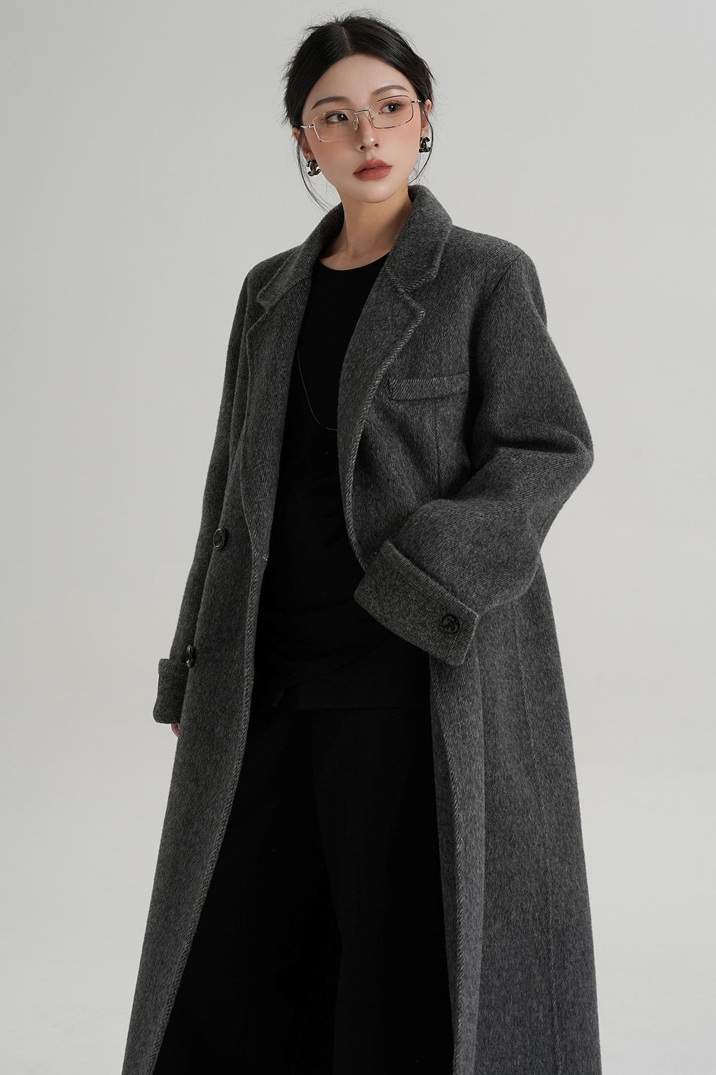 Turn-Sleeve Suit Collar Long Wool Coat
