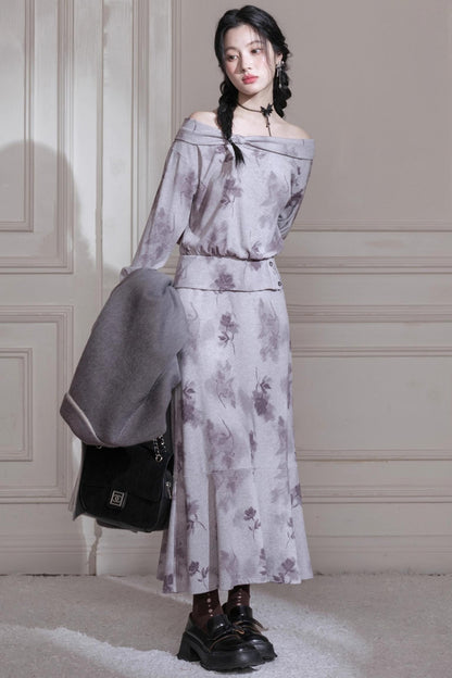 Cloud Gray Purple Bow Neck Knit Skirt Set