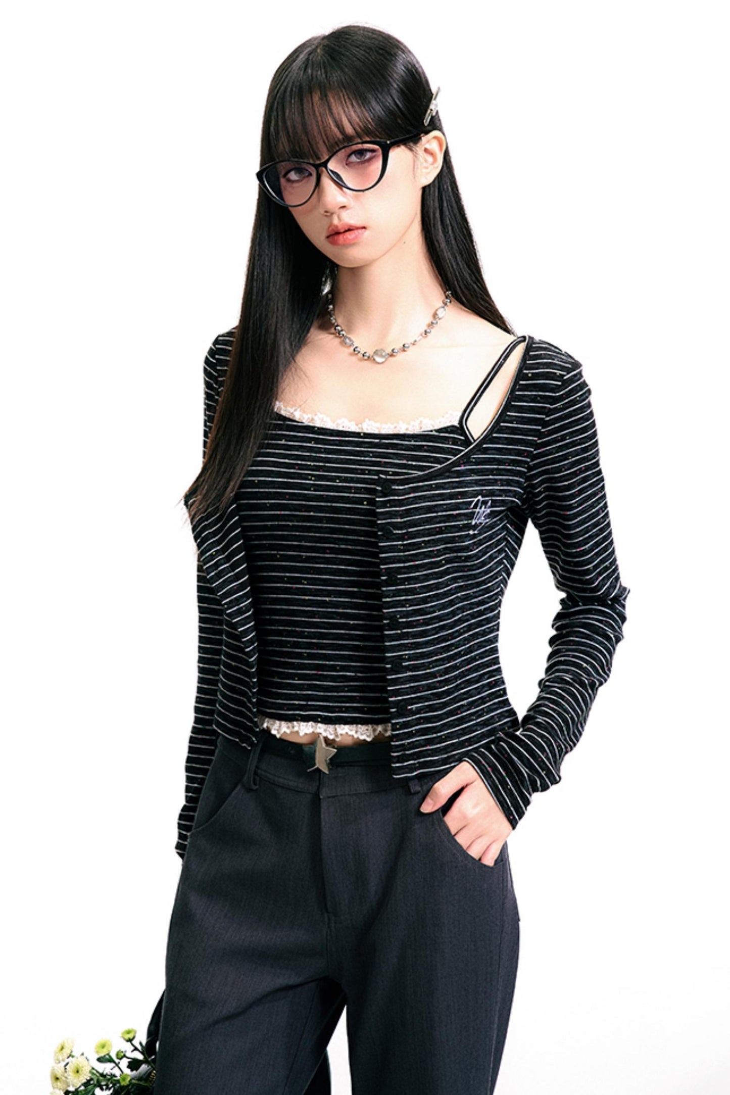 Monochrome Pinstripe Camisole Cardigan Set