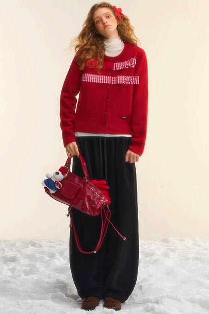 Plaid Patchwork Bow Cardigan