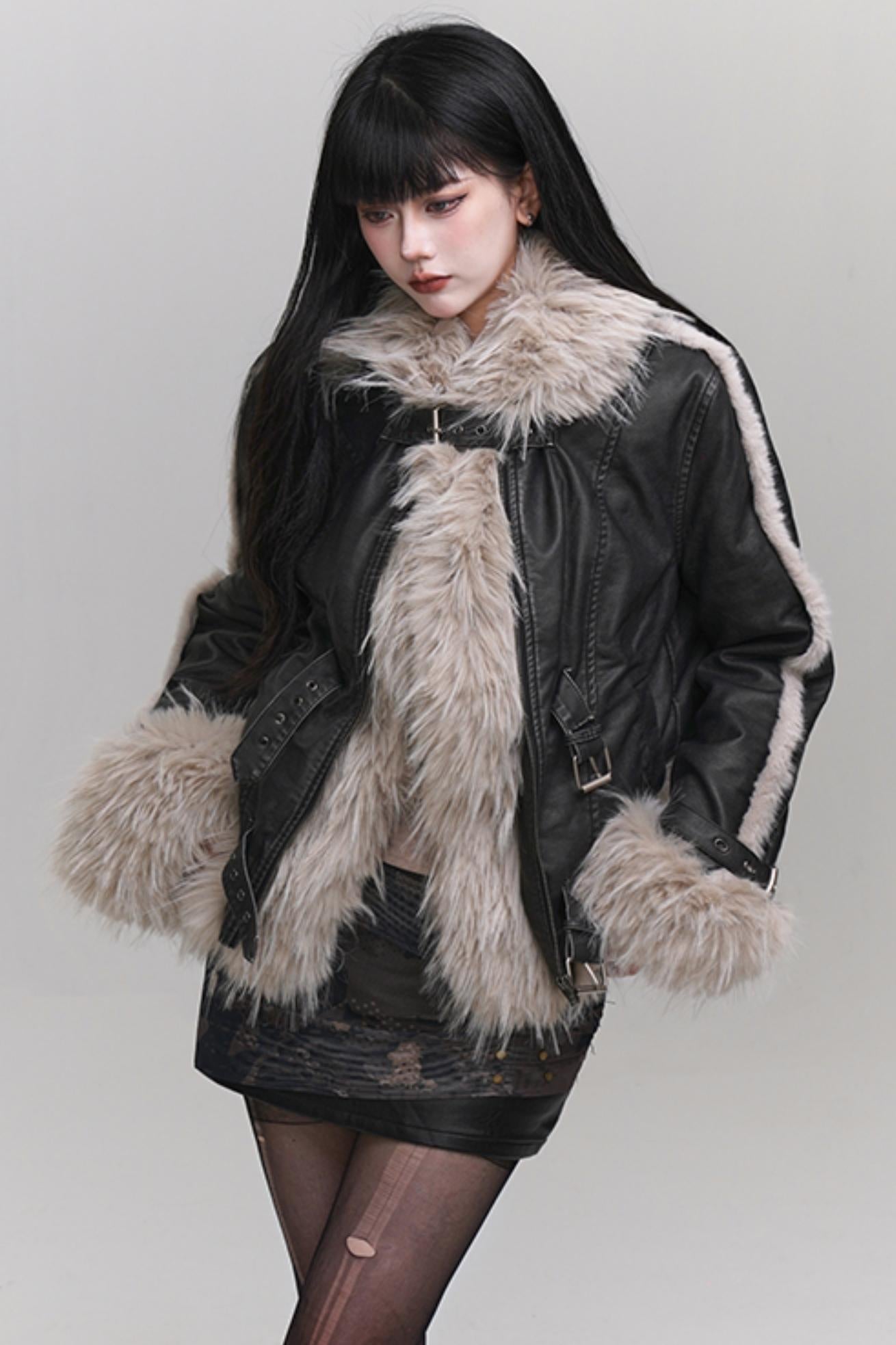 Ghost Girl, Eco-friendly Fur, Big Fur Collar, Fur Integrated Thick Jacket, Female, Autumn and Winter, Unique, Super Good-looking Leather Girl