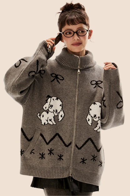 Loose Puppy Pattern Sweater Cardigan