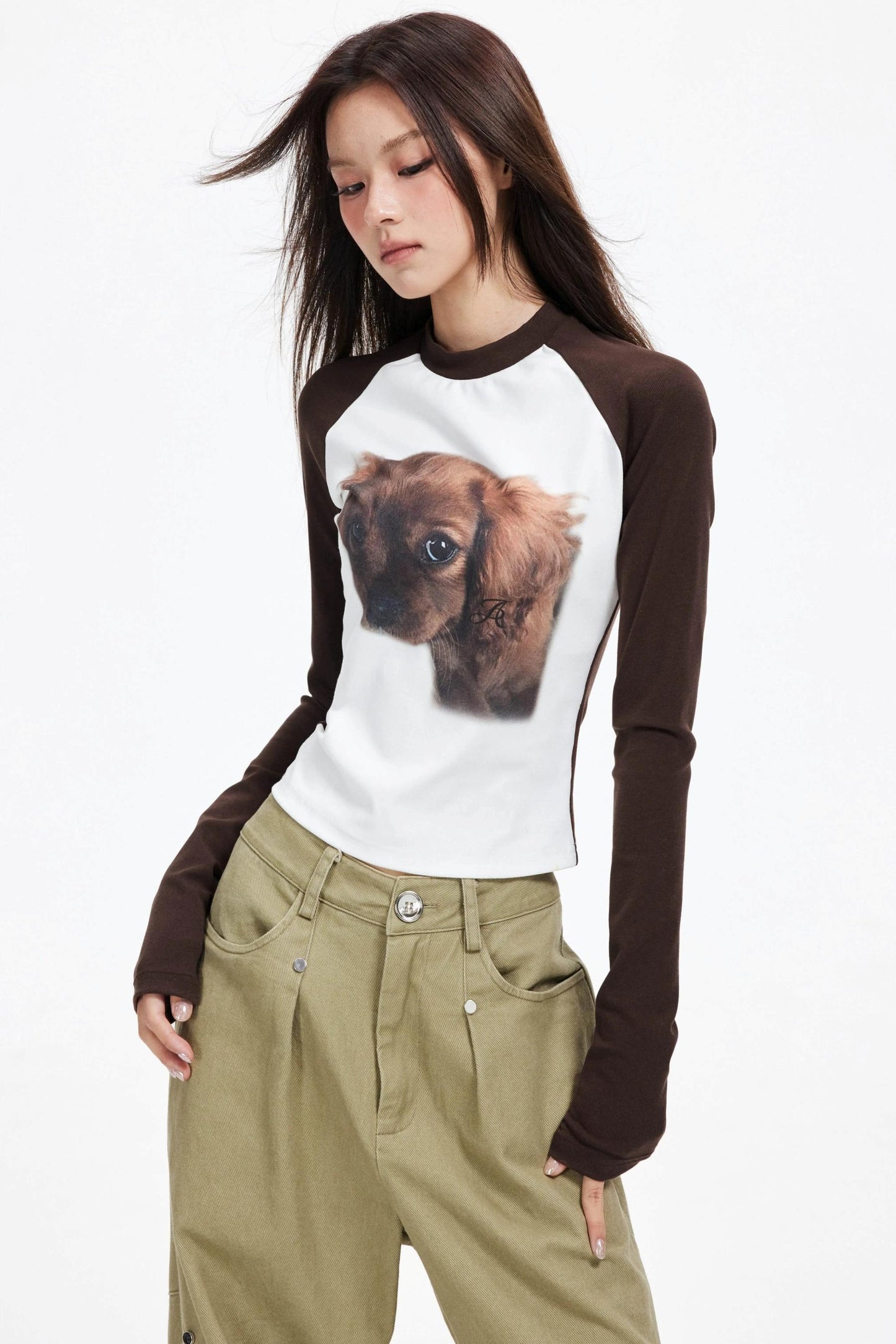 Puppy Print Raglan Slimming Knit Top