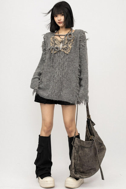 Fringe Lace-Up Butterfly Sweater
