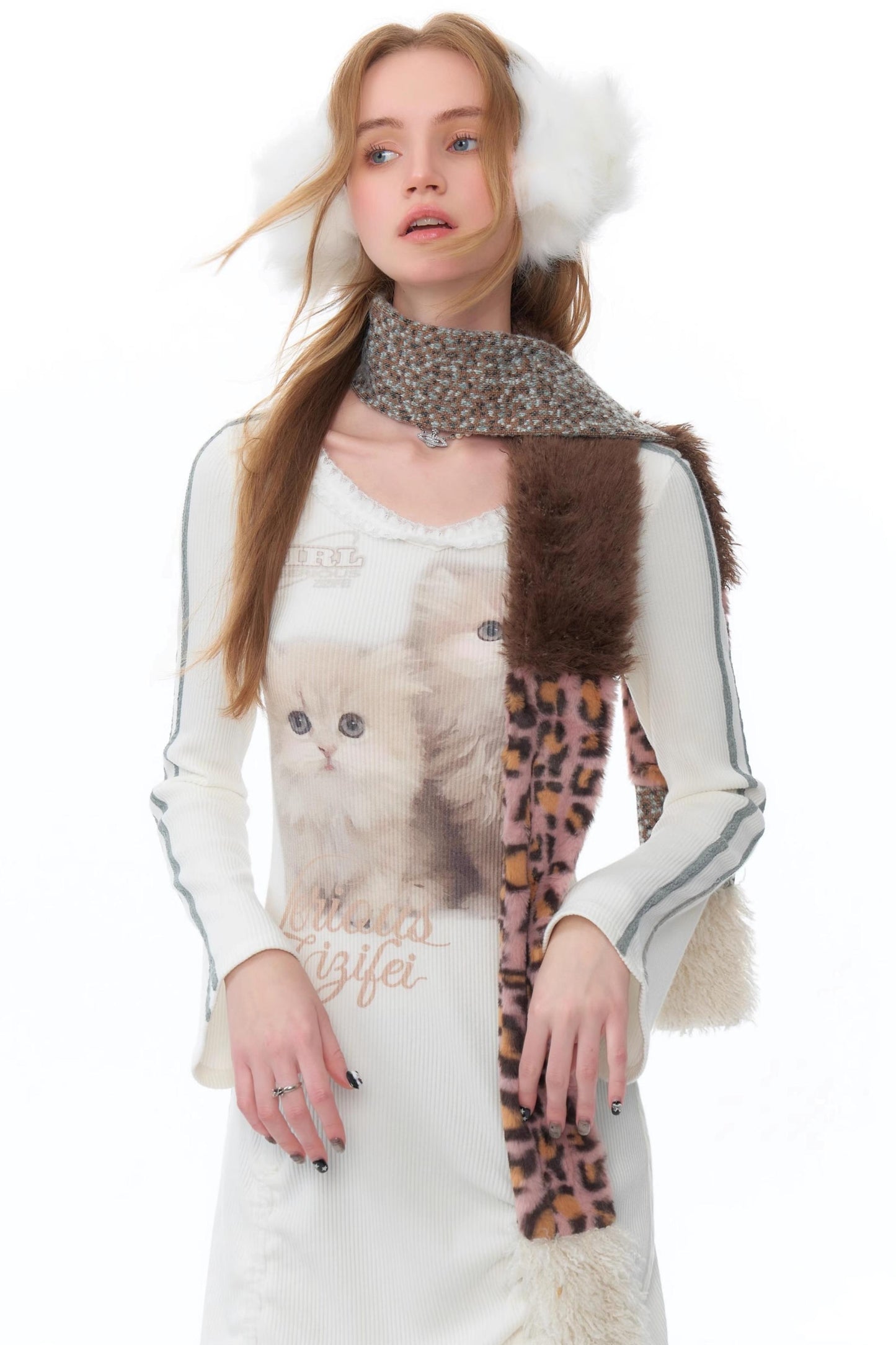 Lace Splicing Cat V-Neck Knitted Dress