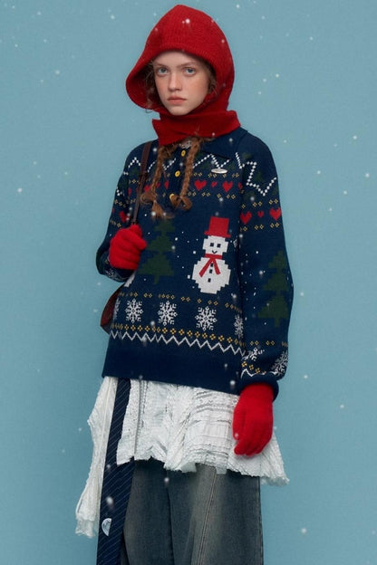 Retro Snowman Dark Blue Sweater