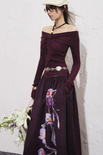 Purple Flower Print Long Skirt