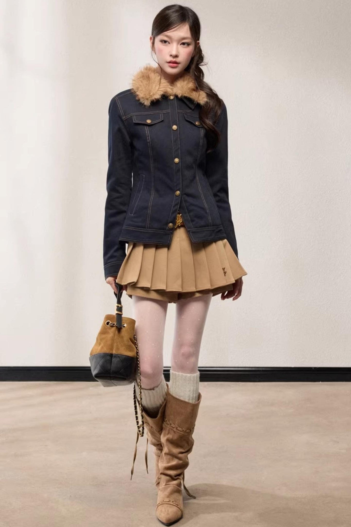 Fur Collar Patchwork Denim Jacket