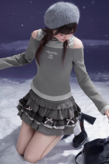 Gray-Purple Bowknot Off-Shoulder Top