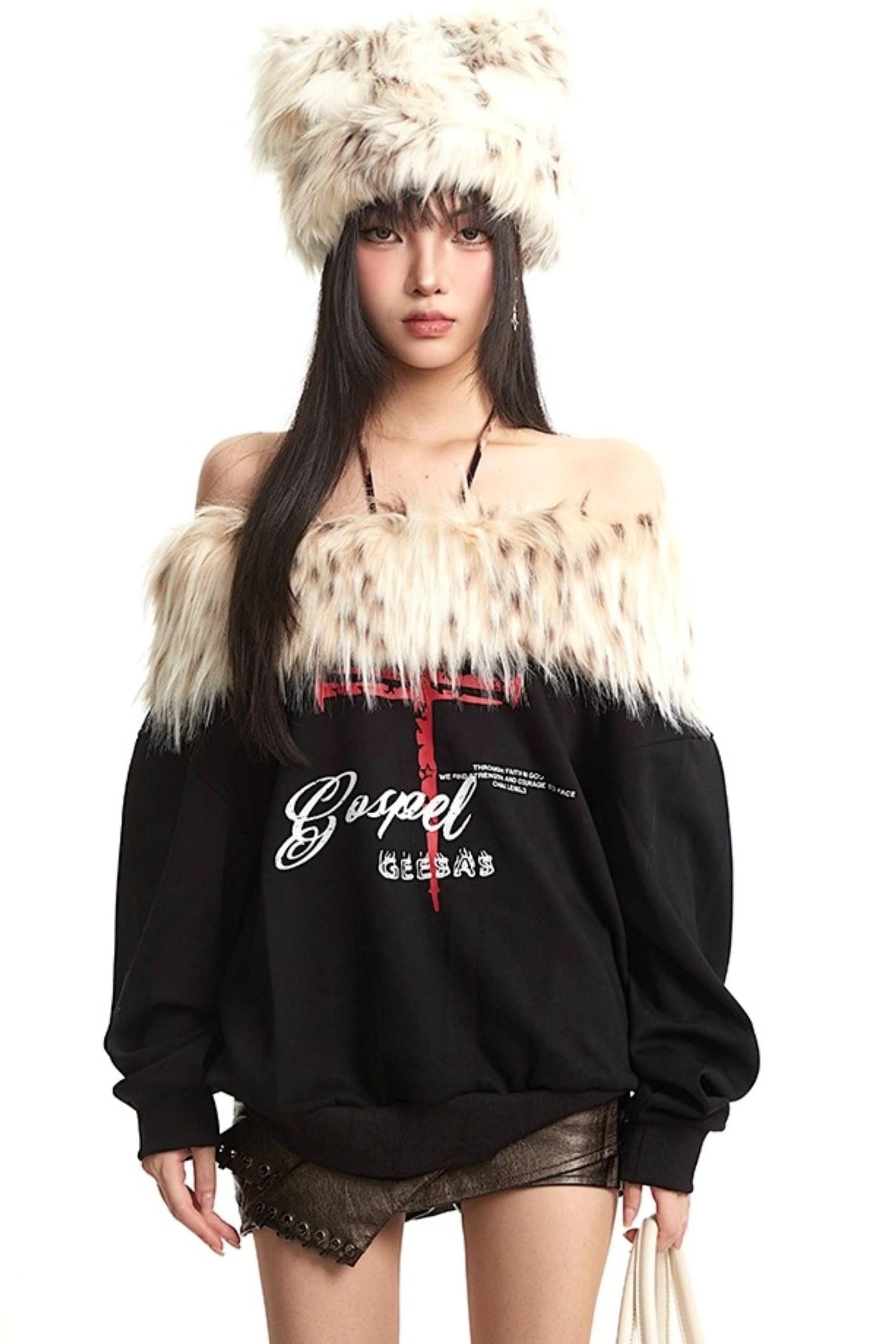 Vintage Apricot One-Shoulder Fur Collar Sweatshirt