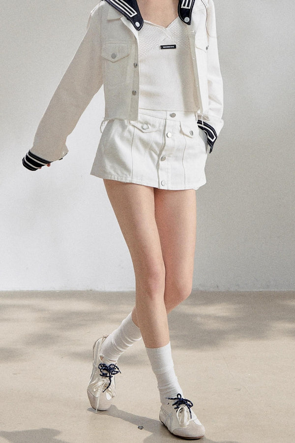 White Navy Short Denim Jacket Set-Up